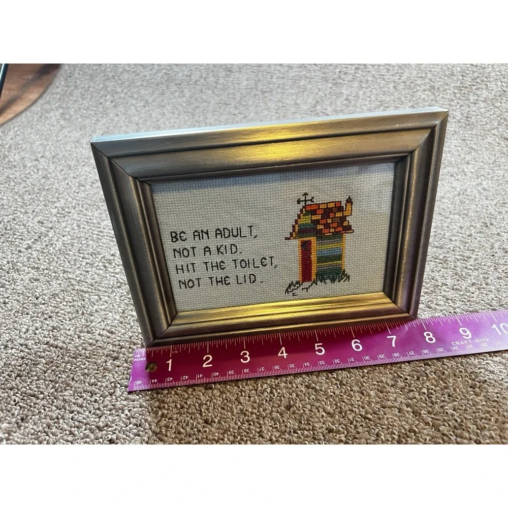 Vintage Framed Bathroom Cross Stitch Humorous Outhouse Wall Decor Sign